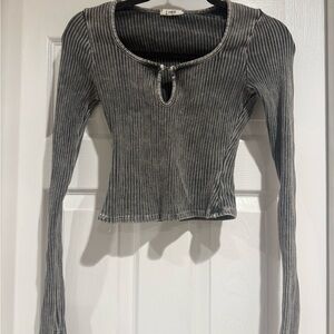 JHer Stylish Gray Ribbed Long Sleeve Crop Top